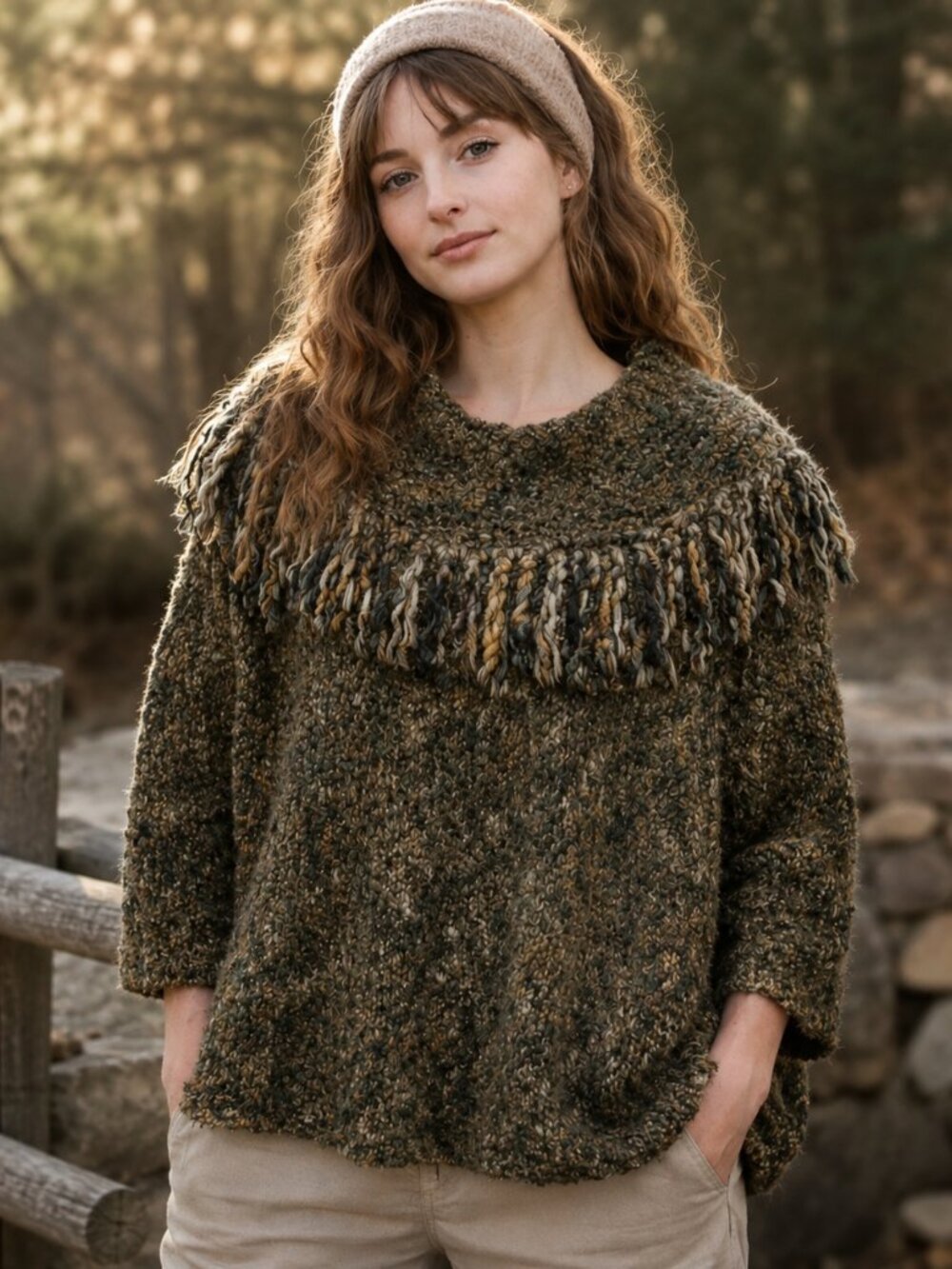 Womens Chunky Cowl Neck Sweater L Fringe Earthy Granola Indie Artsy Boho NWT